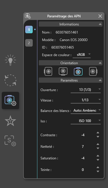 Paramétrage des appareils photo sur EasyScanCube